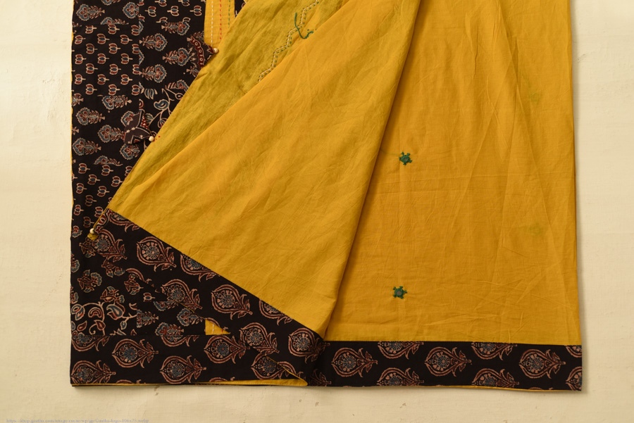 Buy Ajrakh Applique & Mirror Embroidered Cotton Saree - Yellow & Black