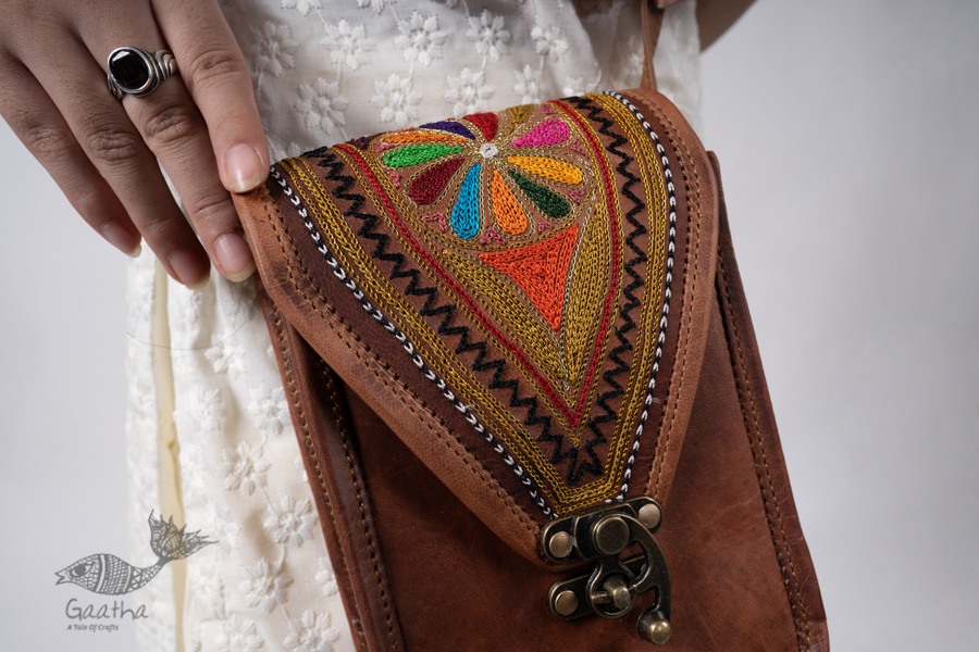 online embroidered leather hand bag