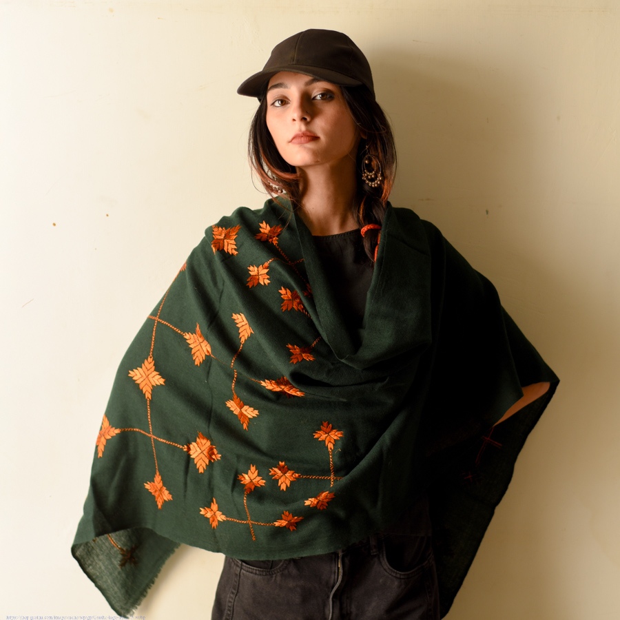 Shop Hand Embroidered Phulkari Soft Wool Shawl - Bottle Green