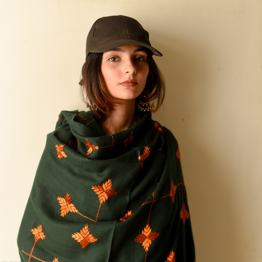 Shop Hand Embroidered Phulkari Soft Wool Shawl - Bottle Green