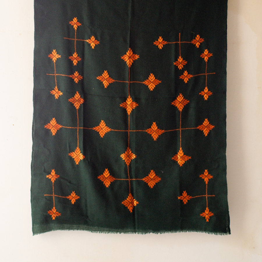 Shop Hand Embroidered Phulkari Soft Wool Shawl - Bottle Green