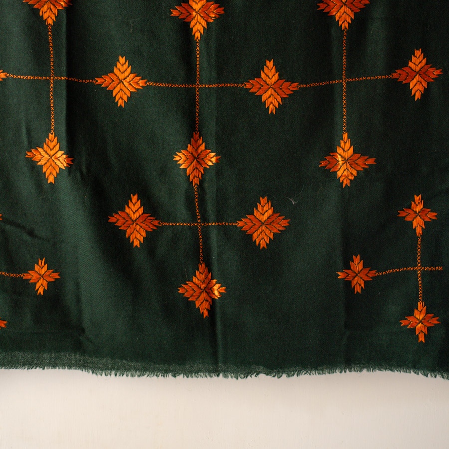 Shop Hand Embroidered Phulkari Soft Wool Shawl - Bottle Green