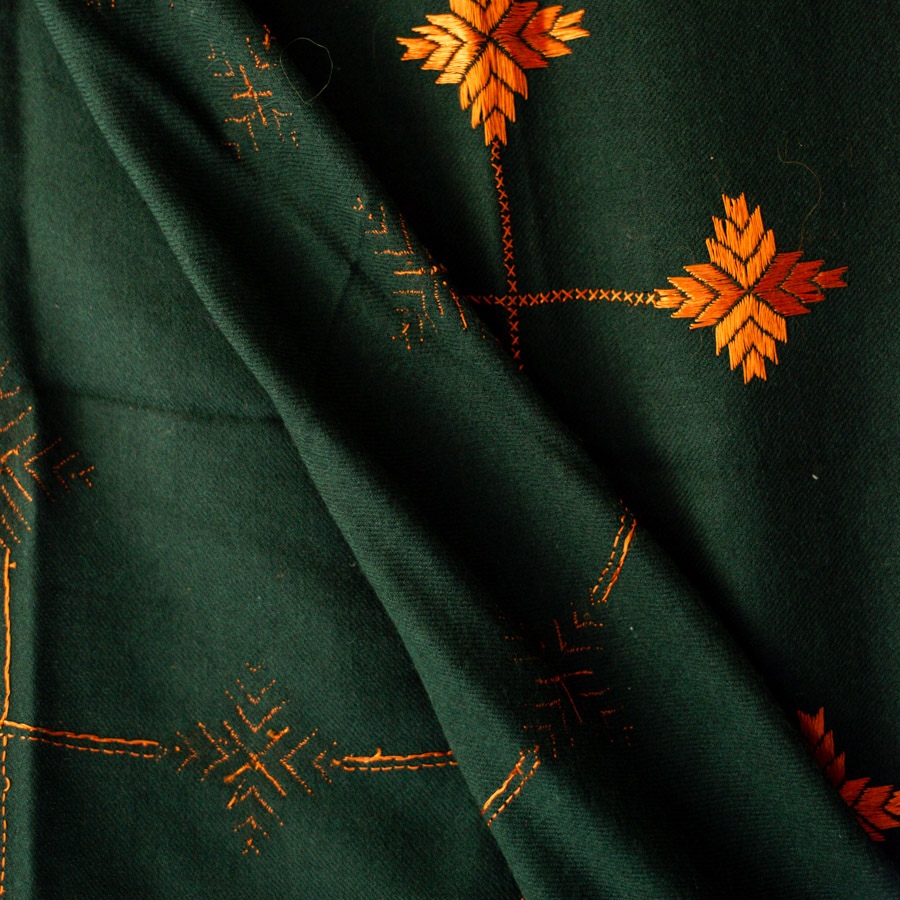 Shop Hand Embroidered Phulkari Soft Wool Shawl - Bottle Green