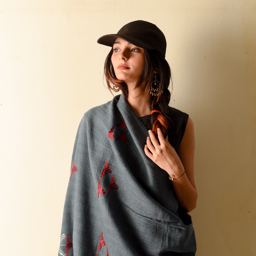 Shop Hand Embroidered Phulkari Woolen Shawl - Grey