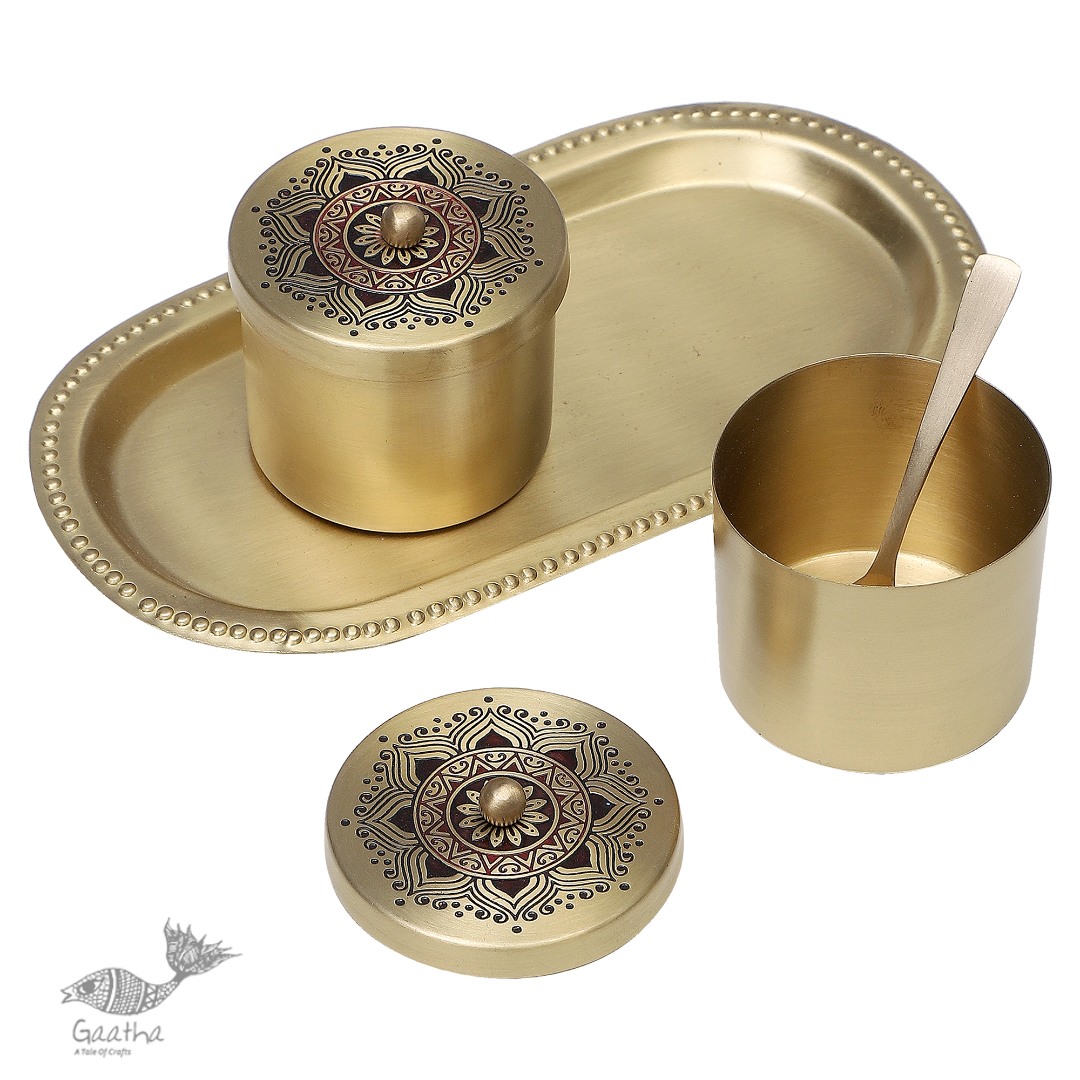 Nakshikathaa ✠ Brass Condiment Jars with Tray & Spoon ( Three Color Options )