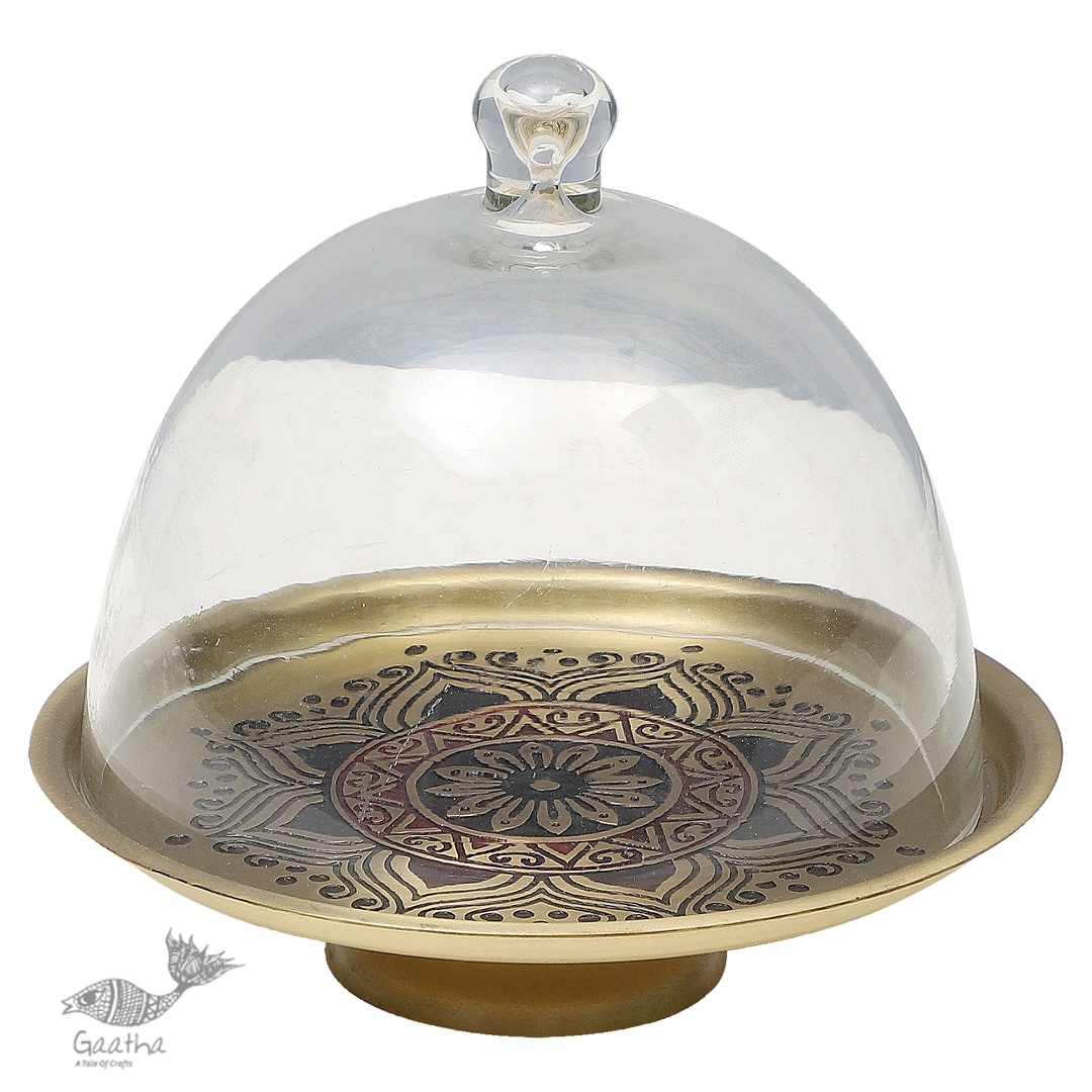 Nakshikathaa ✠ Brass Cake Stand with Glass Cloche ( Three Color Options )