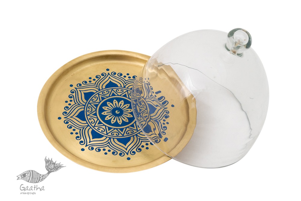 Nakshikathaa ✠ Brass Cake Stand with Glass Cloche ( Three Color Options )