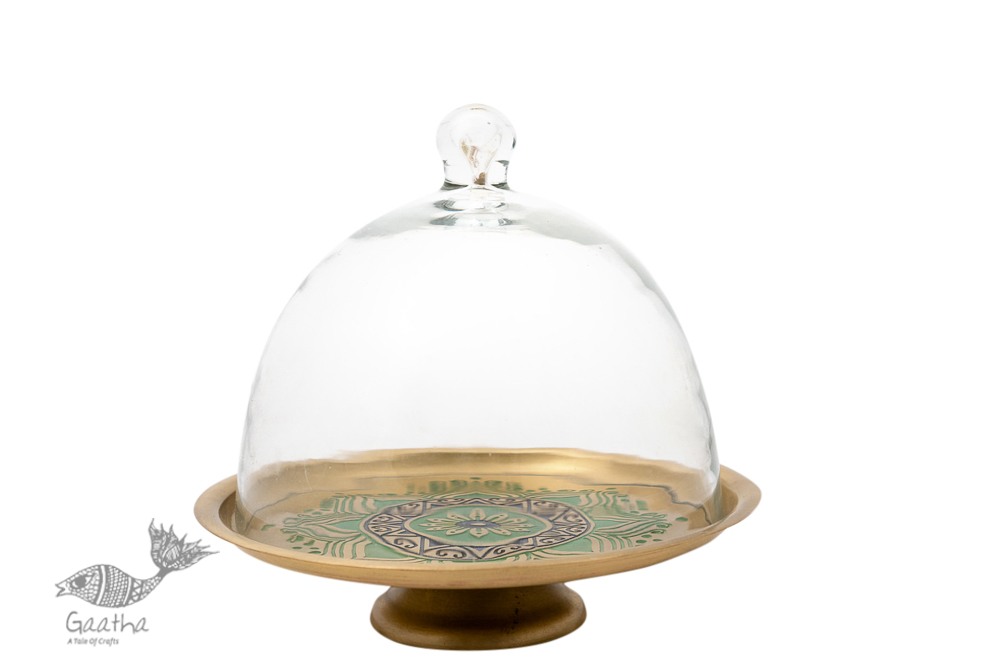 Nakshikathaa ✠ Brass Cake Stand with Glass Cloche ( Three Color Options )