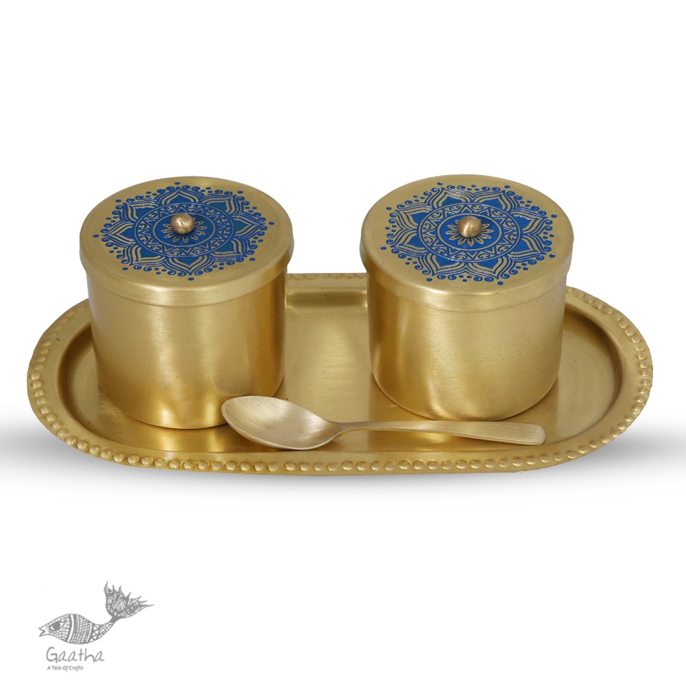 Nakshikathaa ✠ Brass Condiment Jars with Tray & Spoon ( Three Color Options )