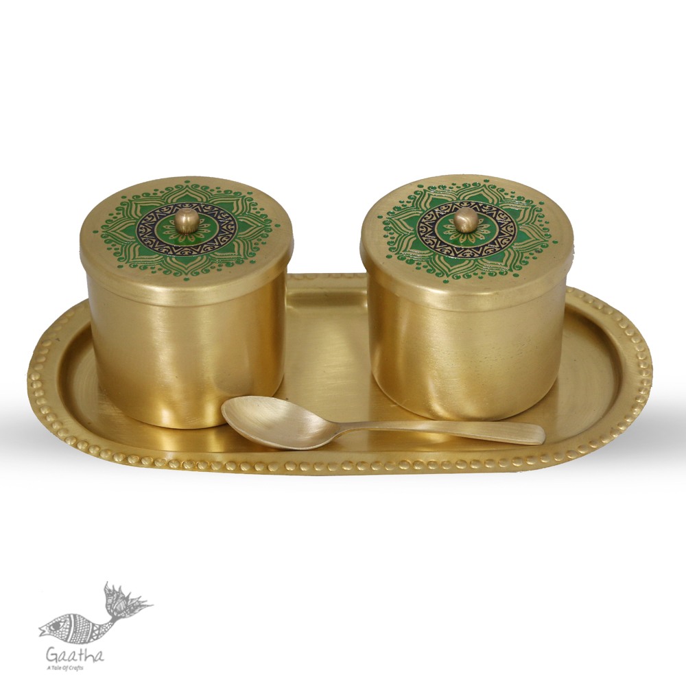 Nakshikathaa ✠ Brass Condiment Jars with Tray & Spoon ( Three Color Options )