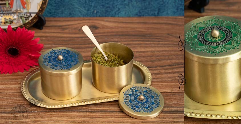Nakshikathaa ✠ Brass Condiment Jars with Tray & Spoon ( Three Color Options )