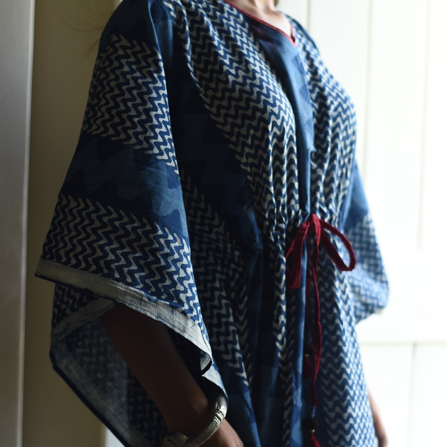 shop Block Printed Cotton Indigo Kaftan for Women