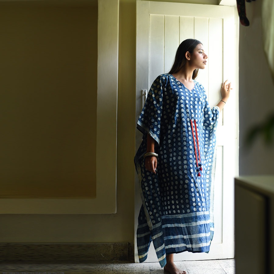 shop Block Printed Cotton Kaftan - Indigo