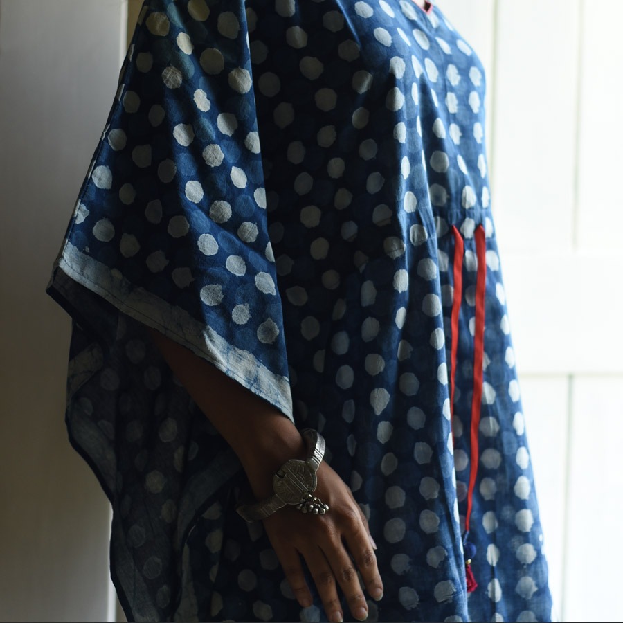 shop Block Printed Cotton Kaftan - Indigo
