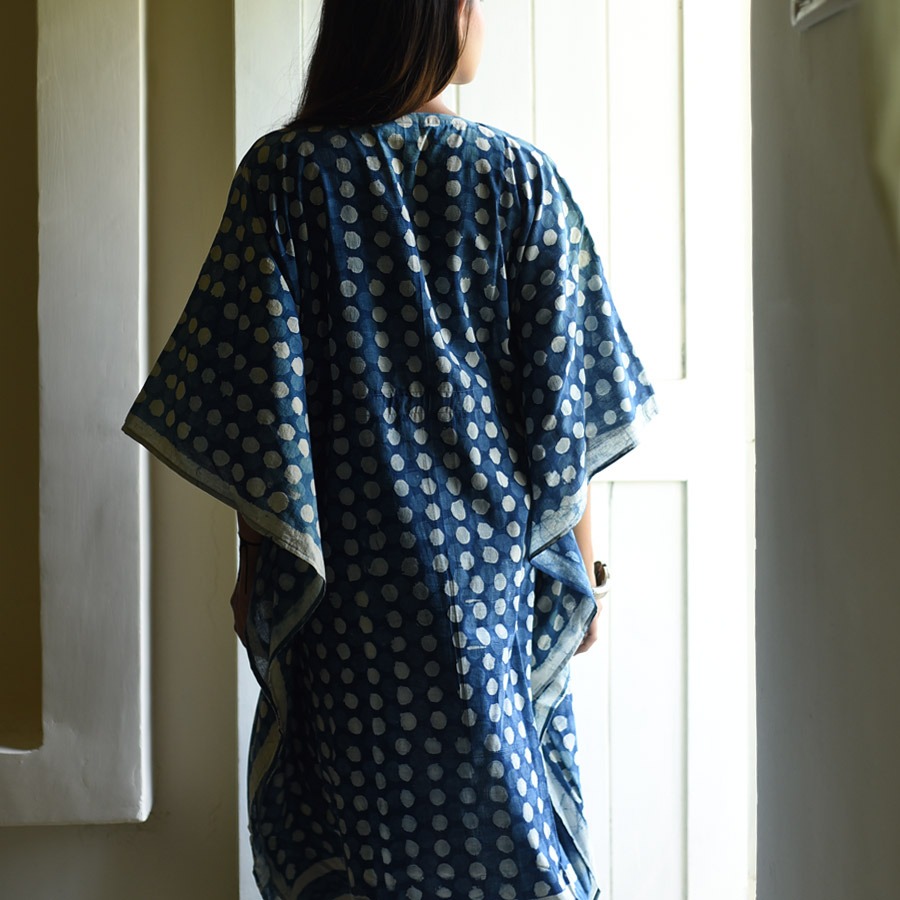 shop Block Printed Cotton Kaftan - Indigo