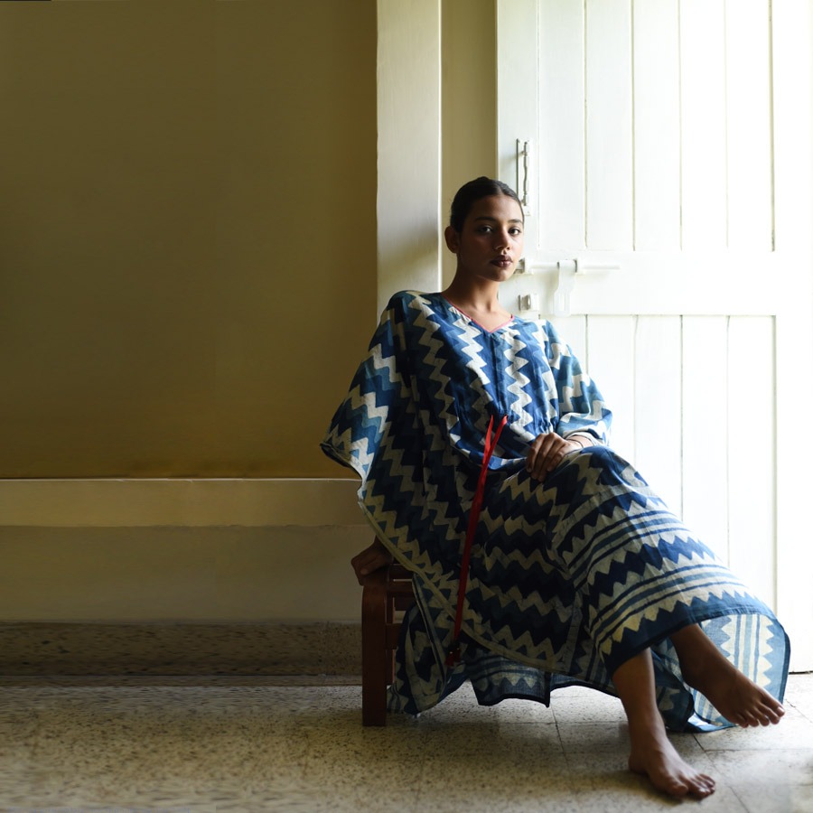 shop Indigo Block Printed Cotton Kaftan