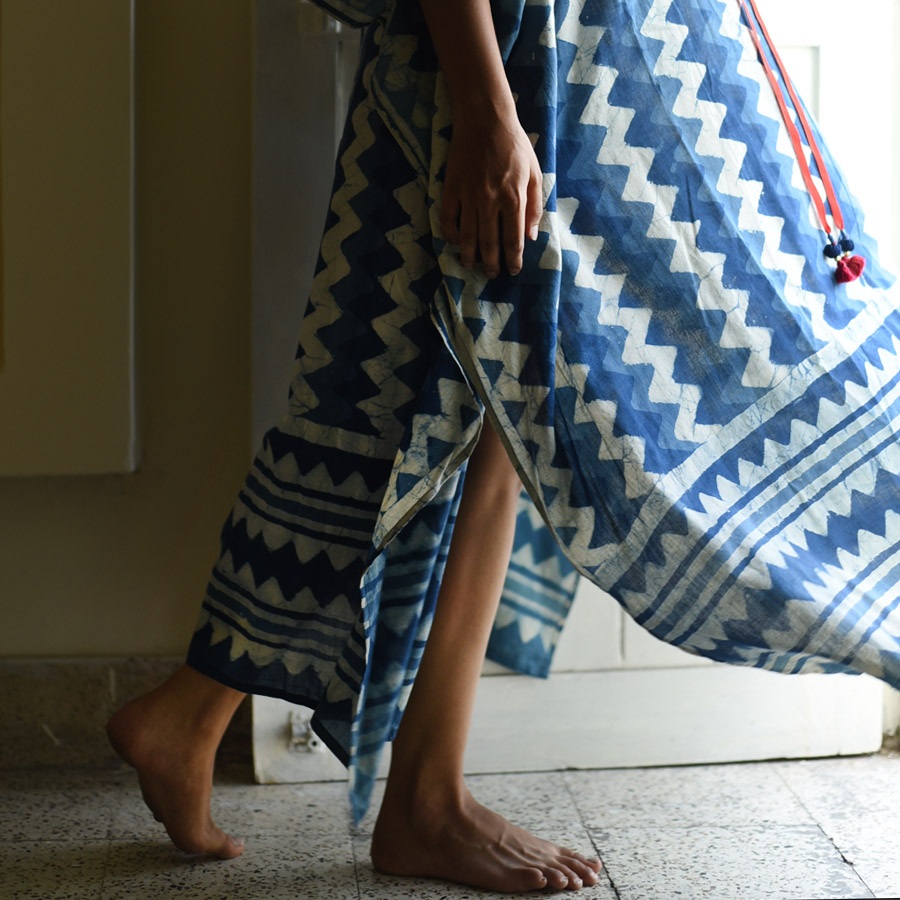 shop Indigo Block Printed Cotton Kaftan