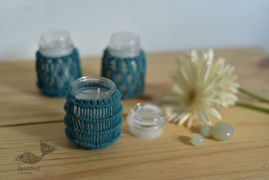 Hand knotted Candle Jar - Sapphire Blue