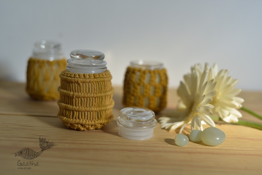 Hand knotted Candle Jar - Mustard Yellow