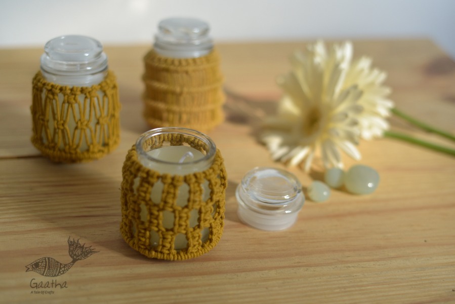 Hand knotted Candle Jar - Mustard Yellow