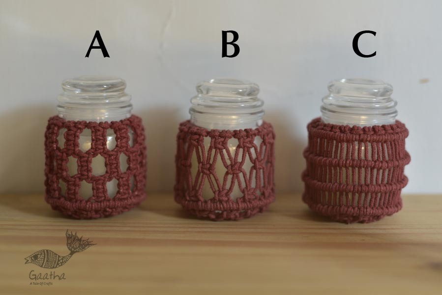 Hand knotted Candle Jar - Crimson Red