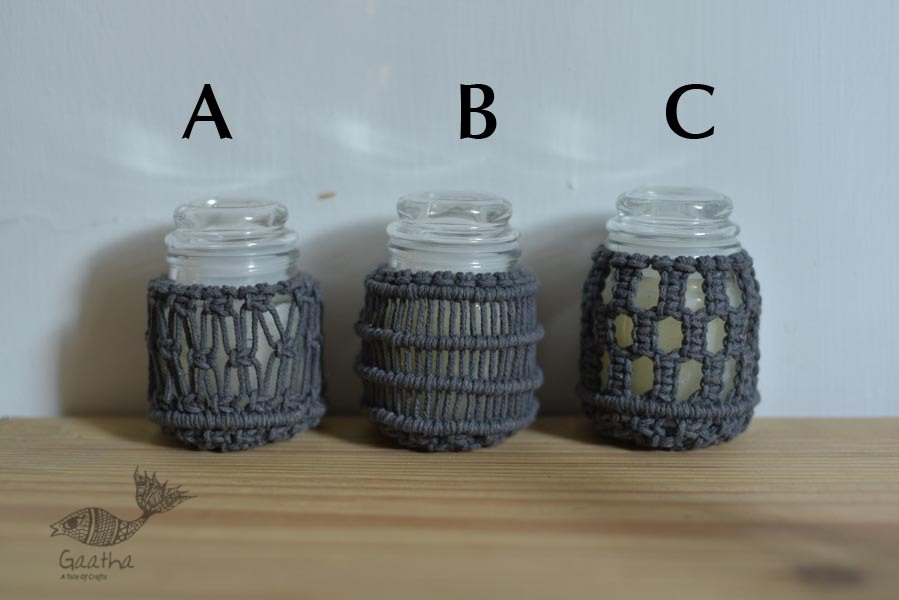 Hand knotted Candle Jar - grey