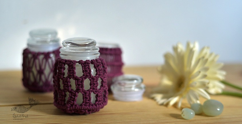 Hand knotted Candle Jar - Burgundy