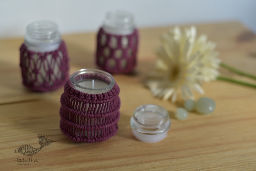 Hand knotted Candle Jar - Burgundy