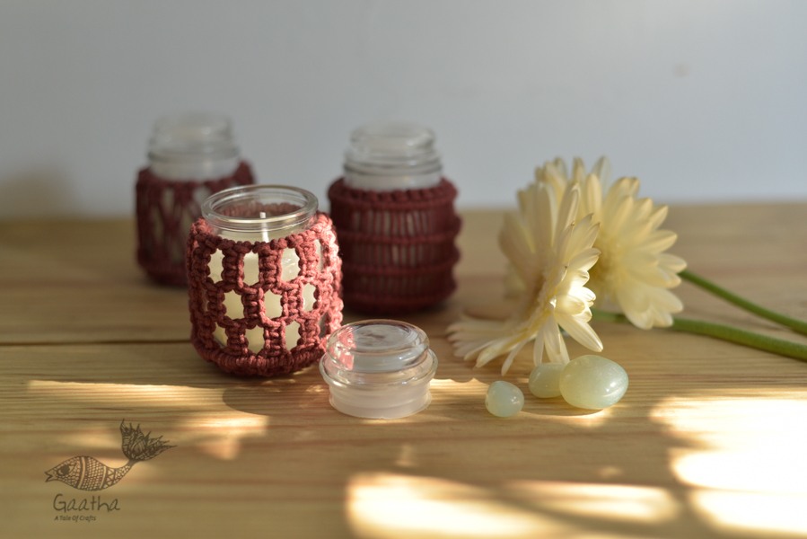 Hand knotted Candle Jar - Crimson Red