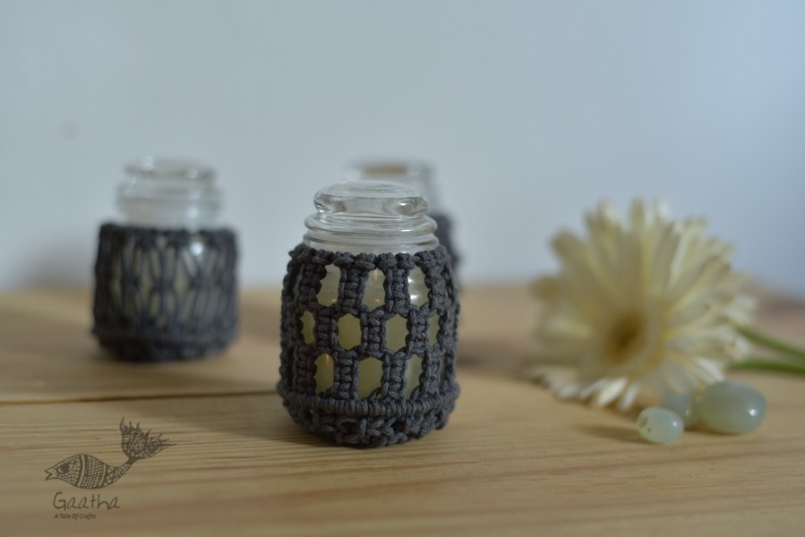 Hand knotted Candle Jar - grey