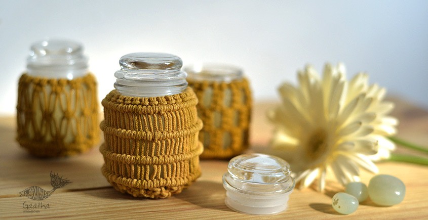 Hand knotted Candle Jar - Mustard Yellow