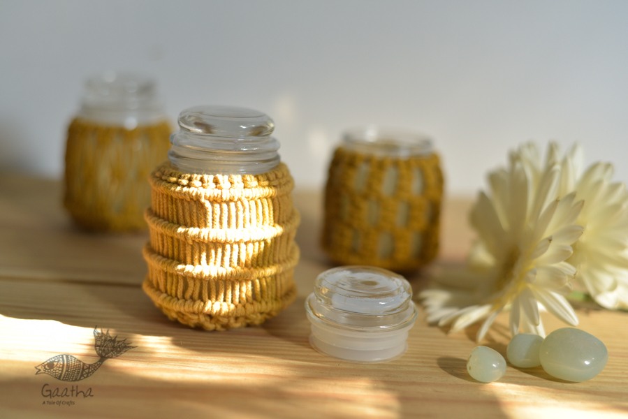 Hand knotted Candle Jar - Mustard Yellow