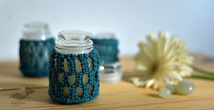 Hand knotted Candle Jar - Sapphire Blue