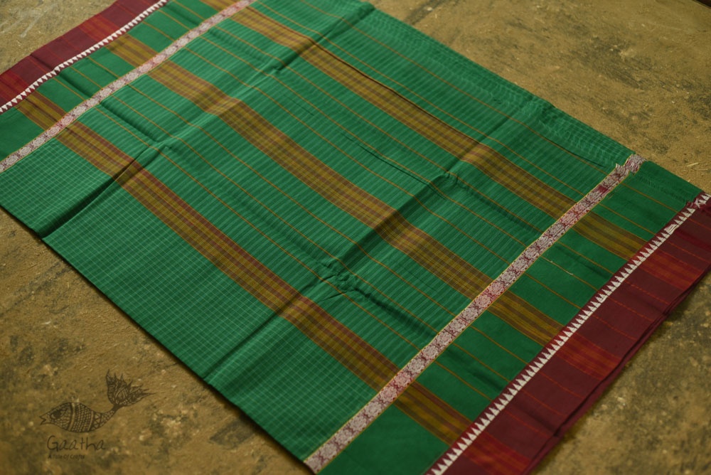 shop handloom narayanpet cotton saree with Big Border - Green with Red Border