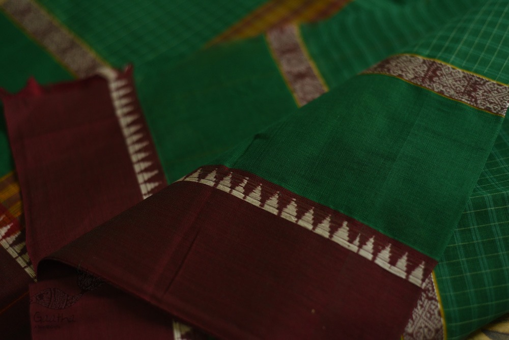 shop handloom narayanpet cotton saree with Big Border - Green with Red Border