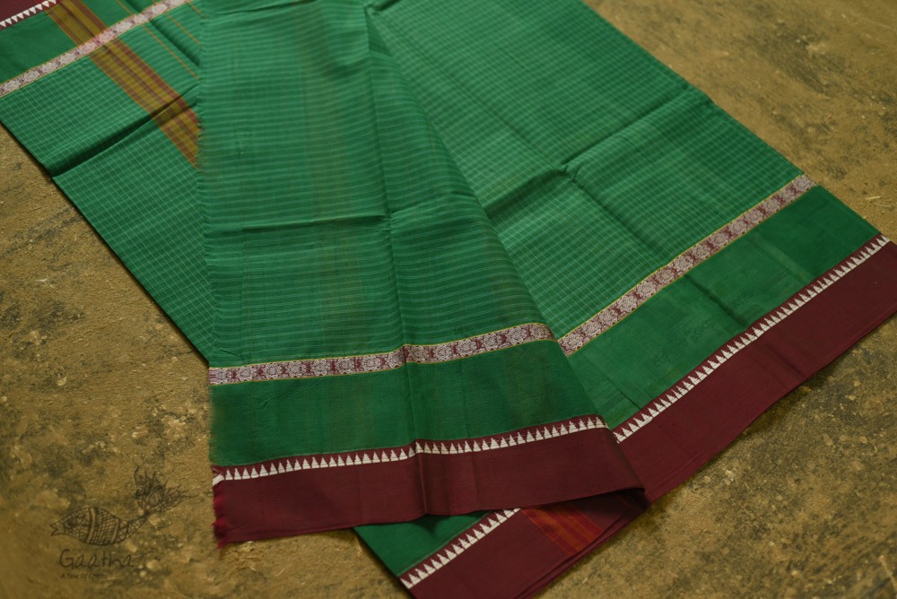 shop handloom narayanpet cotton saree with Big Border - Green with Red Border