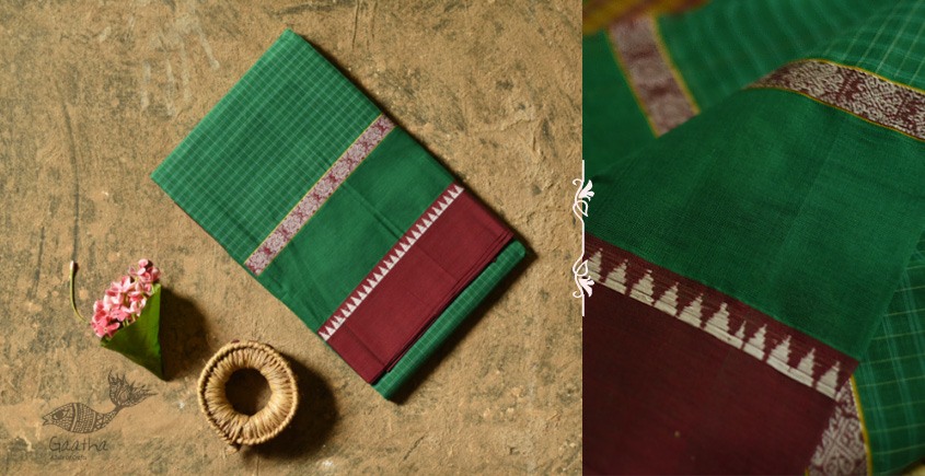 shop handloom narayanpet cotton saree with Big Border - Green with Red Border