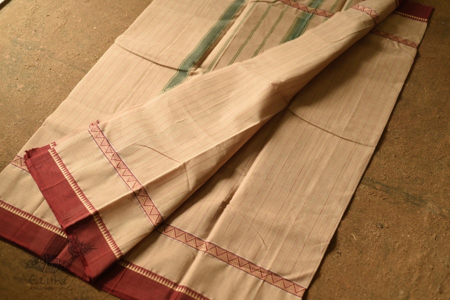 shop Narayanpet Beige Checks Saree - Handwoven Cotton