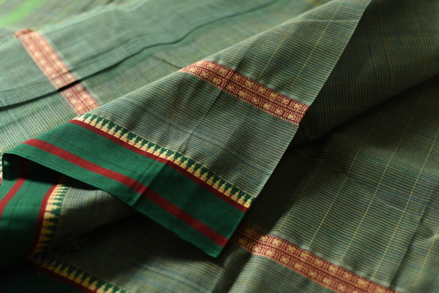 shop Narayanpet Handloom Cotton Bottle Green Checks Saree