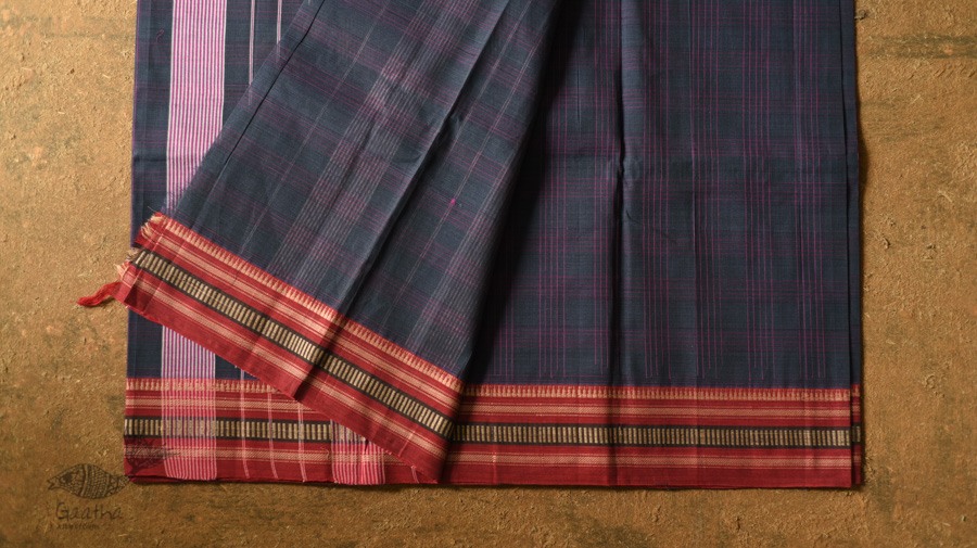 shop Narayanpet Handwoven Navy Blue Checks Saree