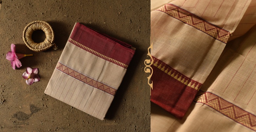 shop Narayanpet Beige Checks Saree - Handwoven Cotton