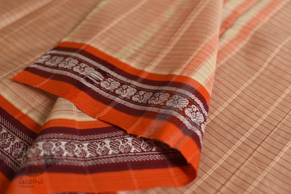 shop Handwoven Narayanpet Cotton Checks Saree with Orange Border