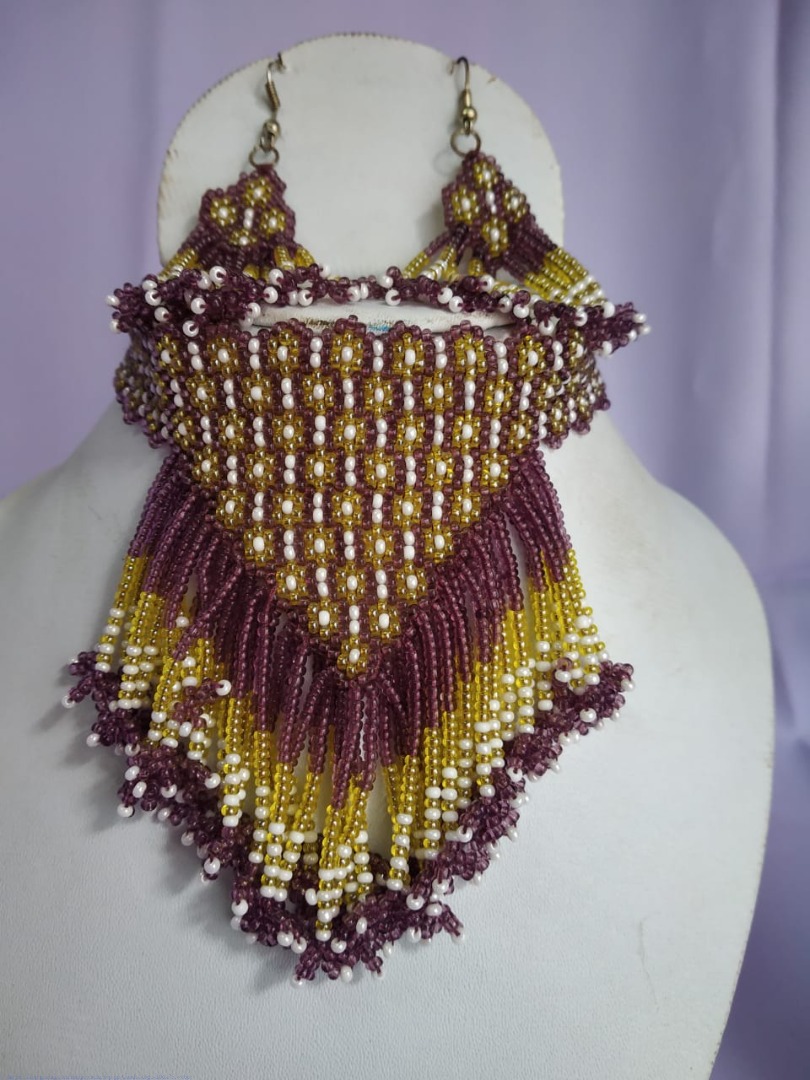 Handmade Bead jewelry ~ Necklace and earring set Purple & Yellow