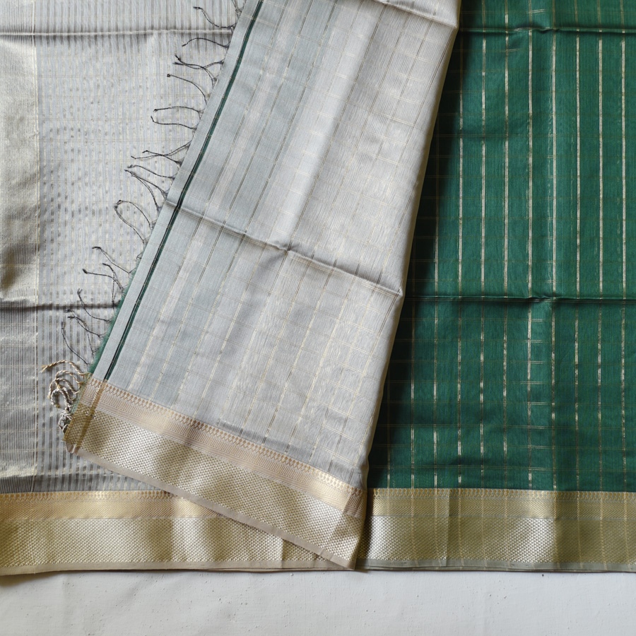 buy Bottle green Maheshwari pure silk saree antique gold zari weave, Gaatha collection