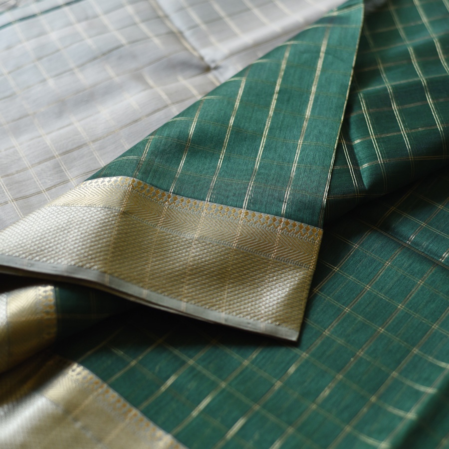 buy Bottle green Maheshwari pure silk saree antique gold zari weave, Gaatha collection