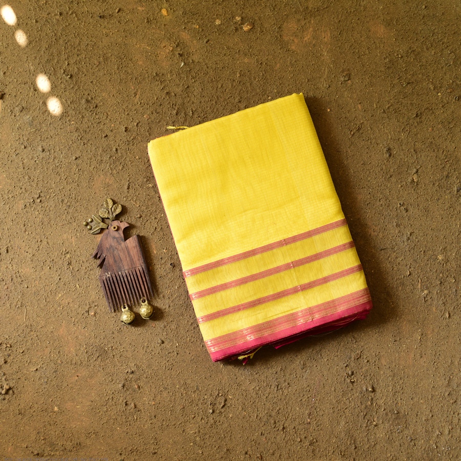 buy Handloom Maheshwari Yellow Silk Saree With Pink Pallu
