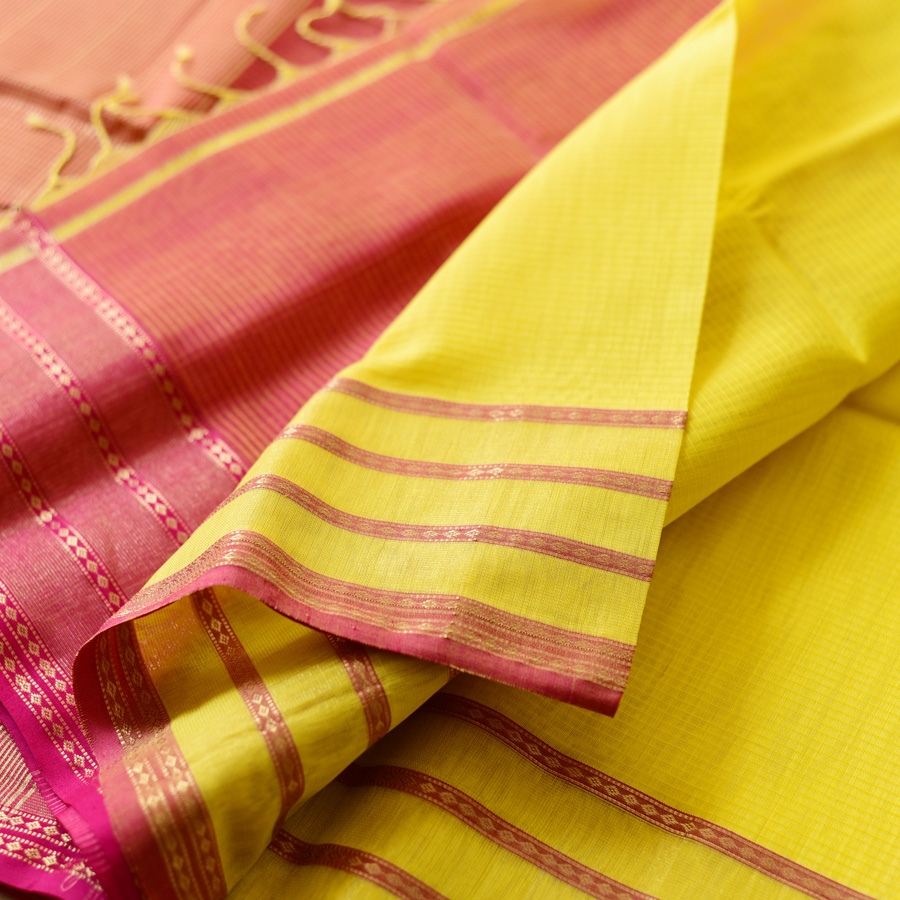 buy Handloom Maheshwari Yellow Silk Saree With Pink Pallu