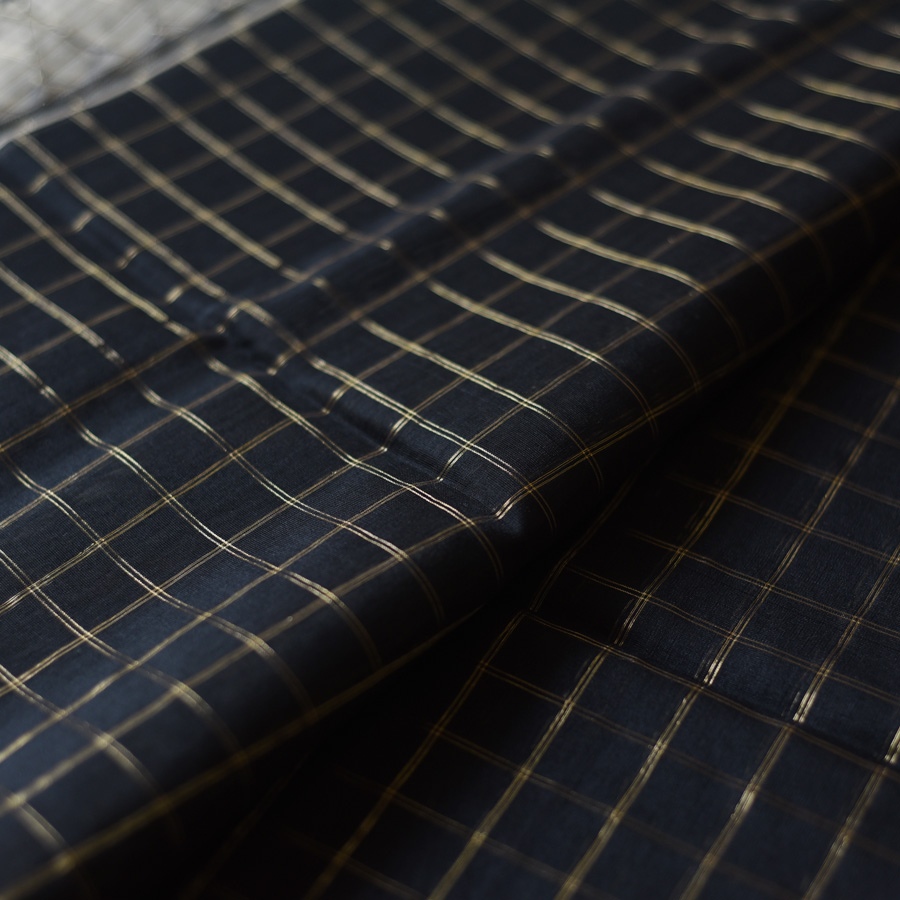 Black Maheshwari silk cotton saree dual gold silver zari border butta, Gaatha handloom