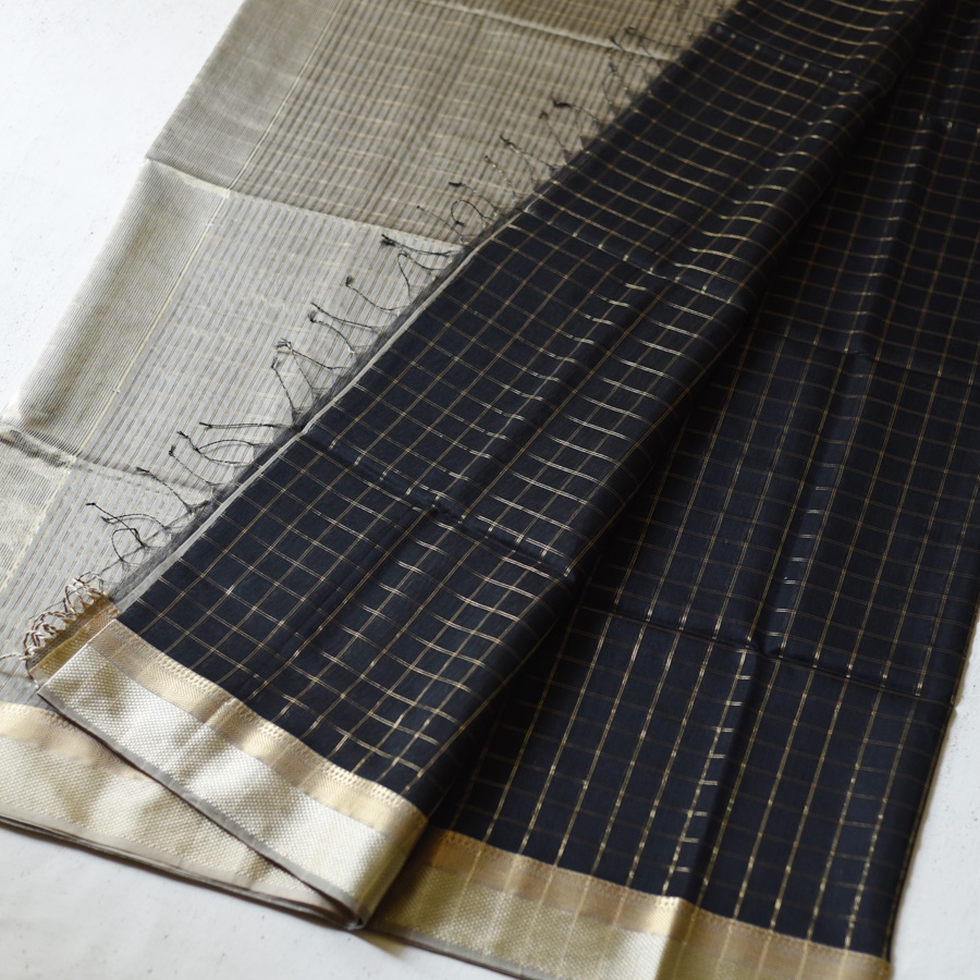 Black Maheshwari silk cotton saree dual gold silver zari border butta, Gaatha handloom