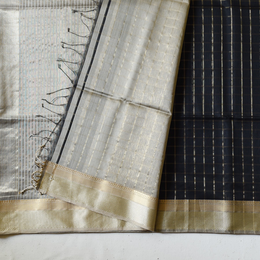 Black Maheshwari silk cotton saree dual gold silver zari border butta, Gaatha handloom